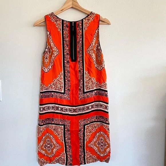 EUC Carmen Elegant Orange Patterned Sleeveless Dress, Lined with Zipper Back - Picture 3 of 12